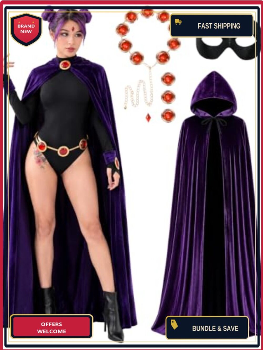 REECHO Women's Hooded Cape Cloak Velvet Halloween Costume Set with Belt, Gems,